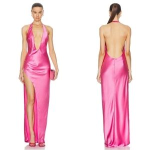 Retrofete Valeria Halterneck Open Back High Slit Maxi Dress in Candy Pink Sz XXS